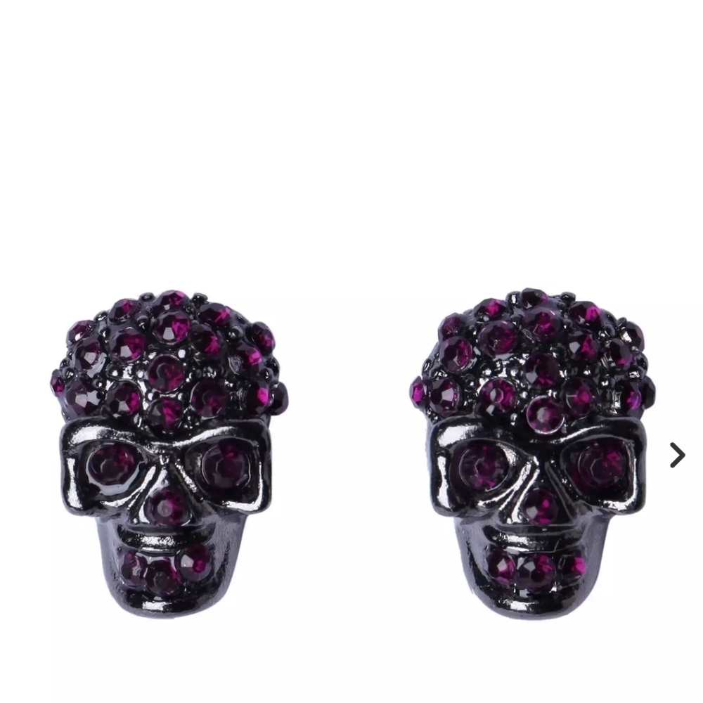 Black Skull Stud Earrings with Purple Crystal Accents - Picture 1 of 2